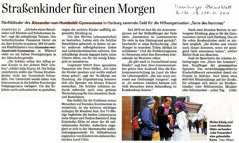19.11.11 - Hamburger Abendblatt - Straßenkinder für einen Morgen