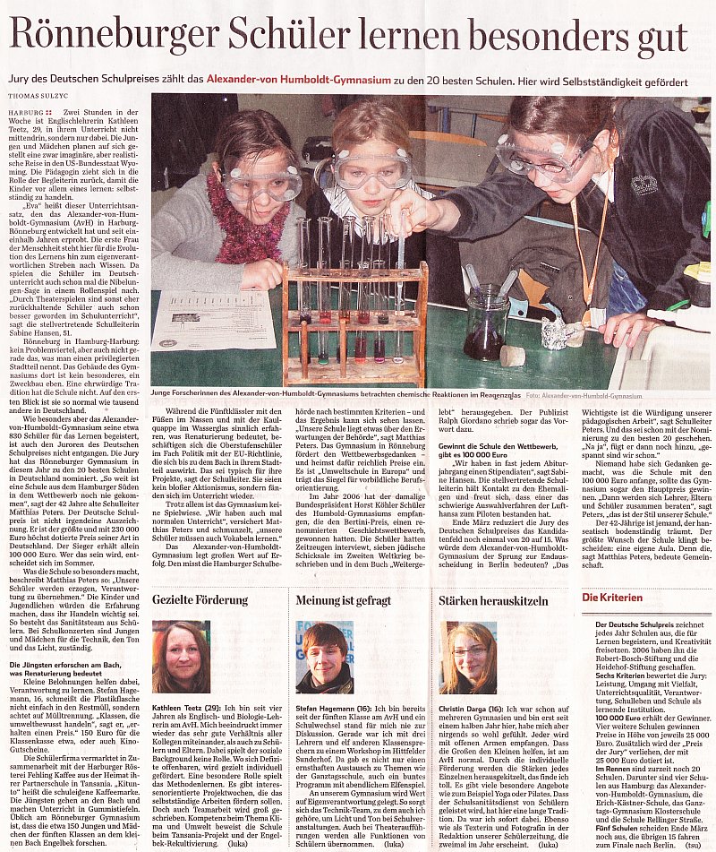 30.01.12 - Hamburger Abendblatt - Rönneburger Schüler lernen besonders gut